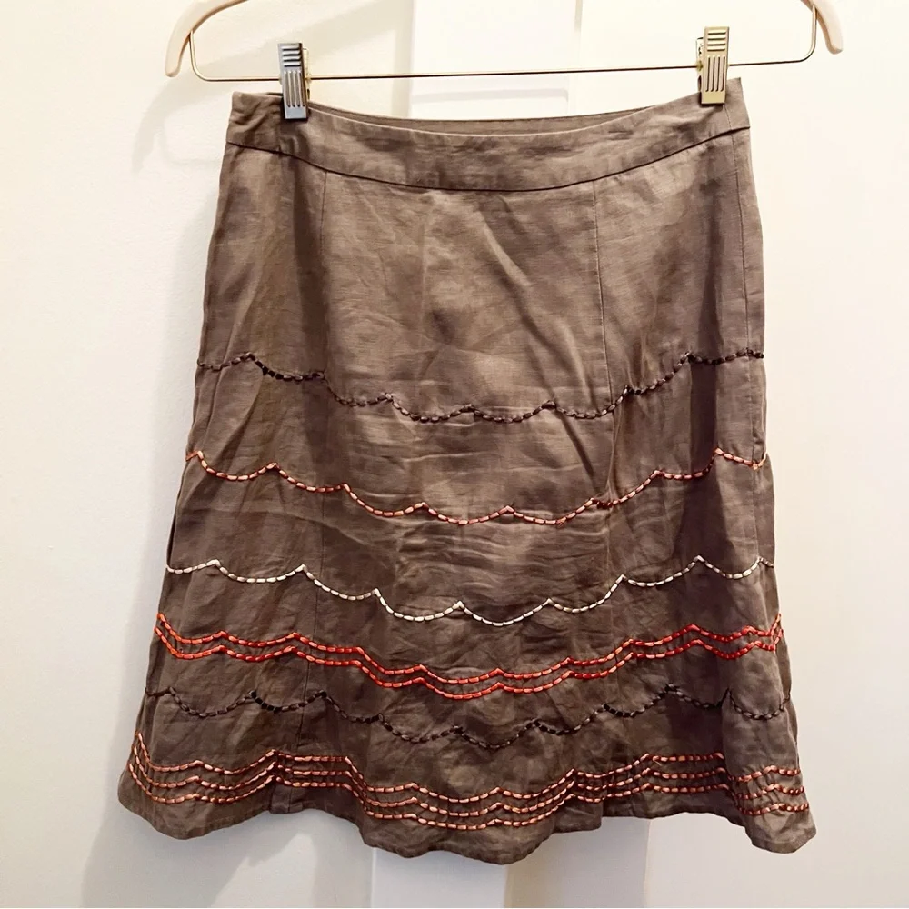 Boden Taupe‎ Brown A Line Skirt Size 6R Linen Embroidered Zip Lined